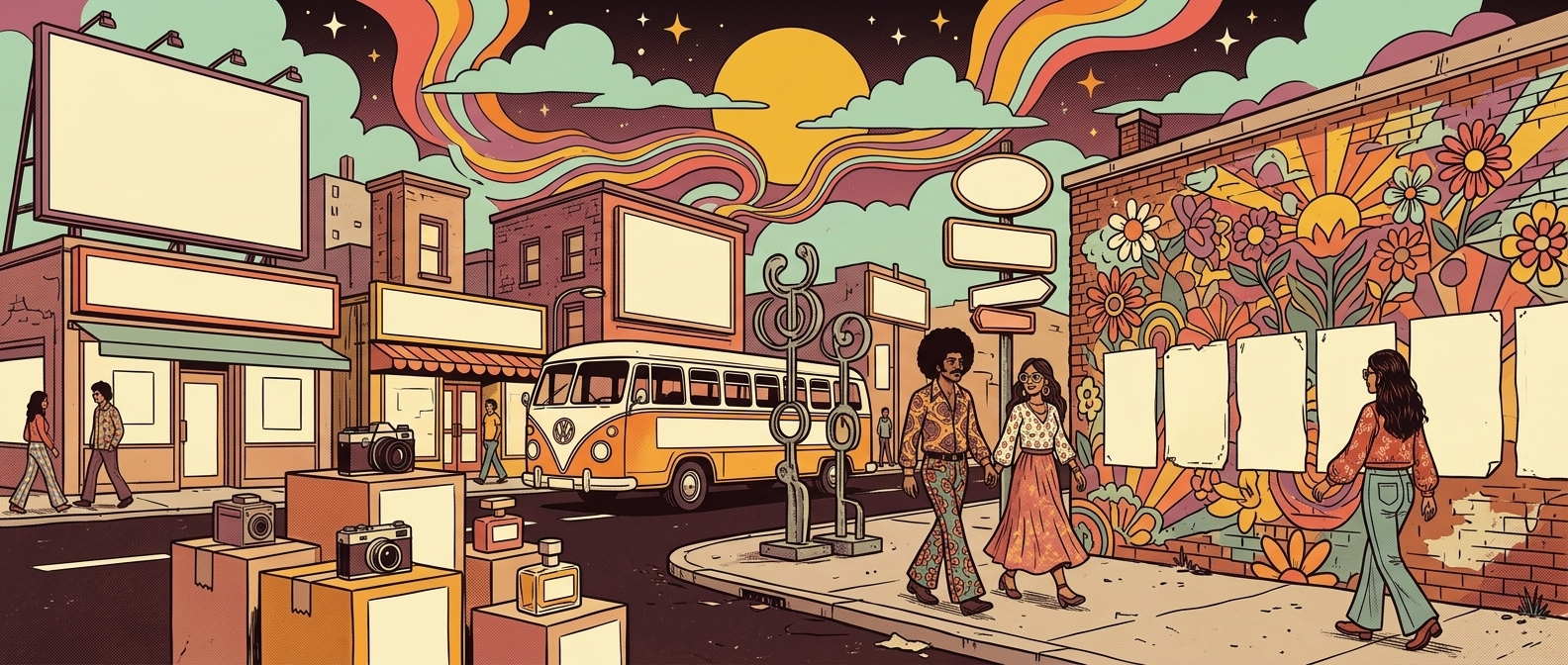 Illustrated advertising street with billboards